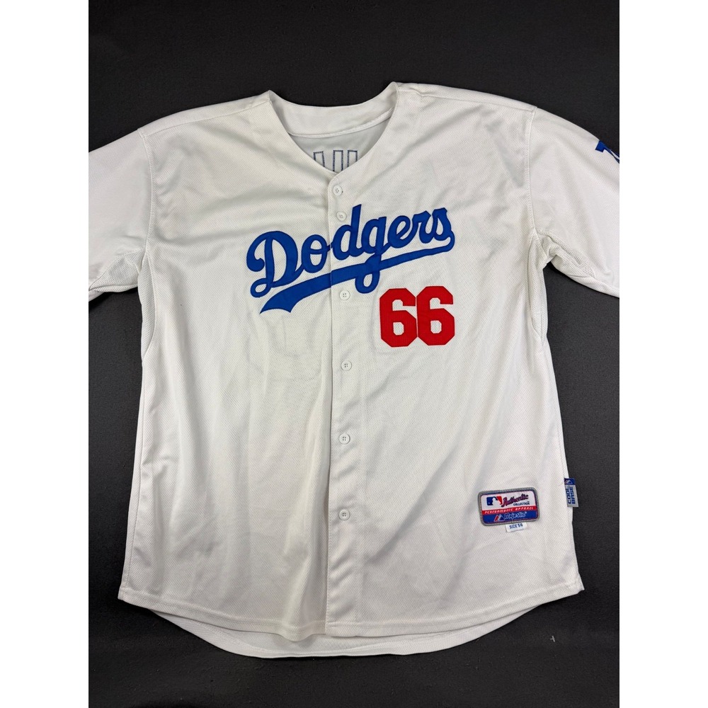 Majestic Authentic Mens White Los Angeles Dodgers Yasiel Puig #66 MLB Jersey 56